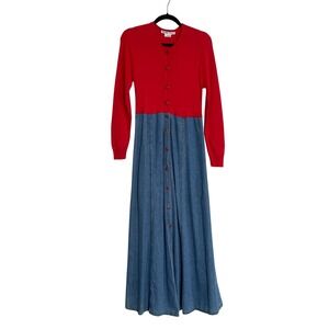 Vintage 1990s Melinda Zoller Red Knit Denim Maxi Dress Button Front Large
